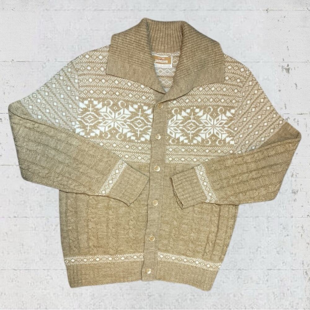 VTG Jantzen Nordic Fair Isle Button Cardigan Shawl Collar XL Tan Grandpacore